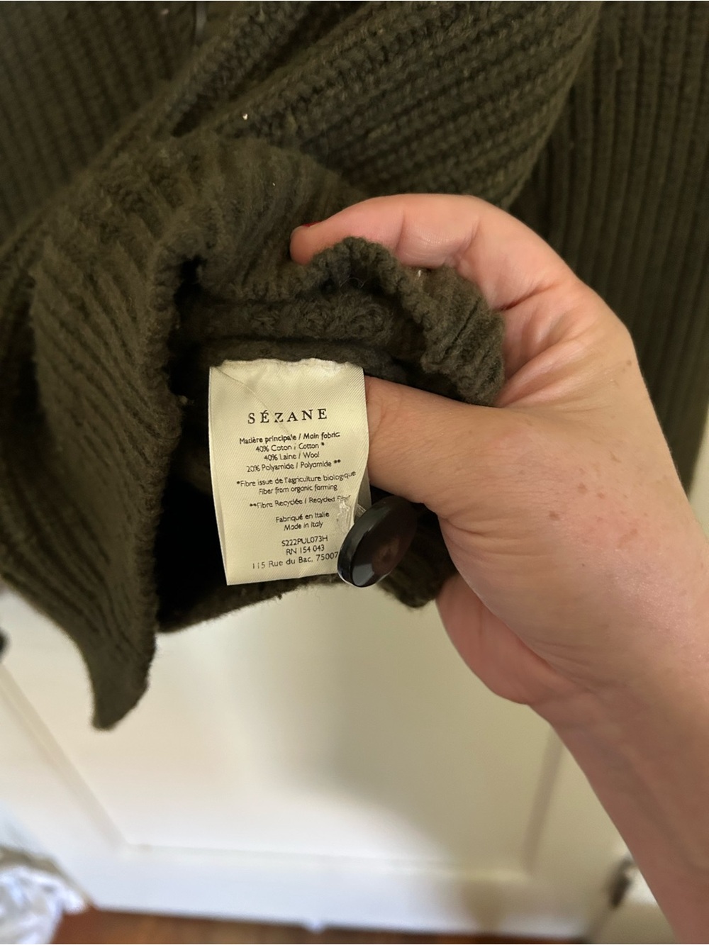 Sezane Lucas Wool Olive Green Ribbed Button-Front Sweater - Picture 6 of 6